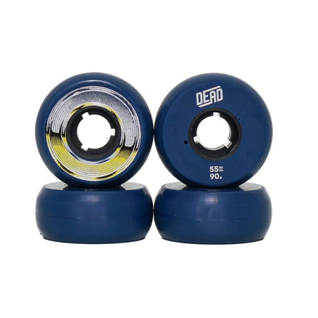 4 navy blue skate wheels with one showing a silver and yellow graphic and another showing the text "DEAD 55 90" with both wheels sitting on top of the other two. The wheels are set against a white background.