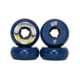 Four navy blue skate wheels with a silver and yellow graphic on one and the text "DEAD 58 88" on another. Those two wheels are stacked on the other two and they are all featured on a white background.
