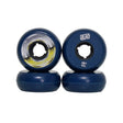 Four dark blue skate wheels showing the inner core and the outer brand markings. The brand 'DEAD' is clearly visible on the right wheel.