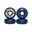 Four navy blue wheels with one showing a yellow and silver graphic and one showing text that says "DEAD 58 95" with both those wheel sitting on top of the other two. The wheels are set against a white background.