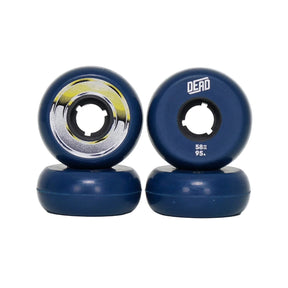 Four navy blue wheels with one showing a yellow and silver graphic and one showing text that says "DEAD 58 95" with both those wheel sitting on top of the other two. The wheels are set against a white background.