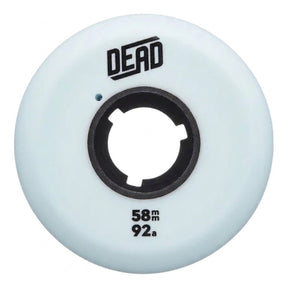 A single powder blue inline skate wheel with a black core and black text that reads "DEAD 58MM 92A". The wheel is featured against a white background.