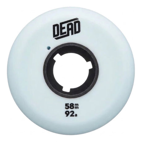 A single powder blue inline skate wheel with a black core and black text that reads "DEAD 58MM 92A". The wheel is featured against a white background.