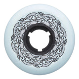 A single light blue inline skate wheel with a black and silver pin-stripe flame graphic with a black core featured against a solid white background.