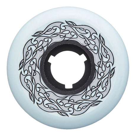 A single light blue inline skate wheel with a black and silver pin-stripe flame graphic with a black core featured against a solid white background.