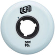 Powder Blue urethane aggressive skate wheel made by Dead Wheels with a black core and written on the side of the wheel in black is "dead" and "58mm 95a"