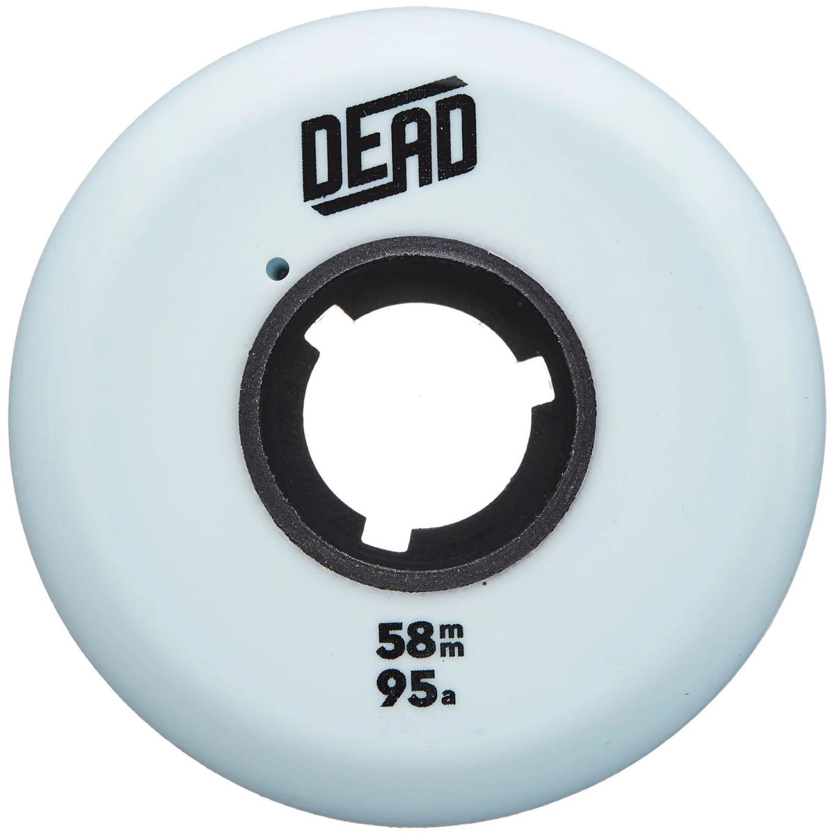 Powder Blue urethane aggressive skate wheel made by Dead Wheels with a black core and written on the side of the wheel in black is "dead" and "58mm 95a"