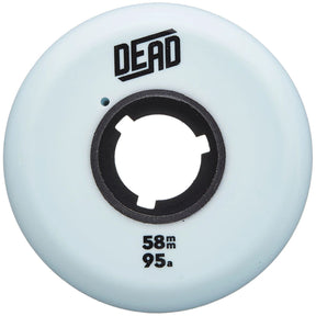 Powder Blue urethane aggressive skate wheel made by Dead Wheels with a black core and written on the side of the wheel in black is "dead" and "58mm 95a"