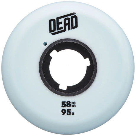Powder Blue urethane aggressive skate wheel made by Dead Wheels with a black core and written on the side of the wheel in black is "dead" and "58mm 95a"