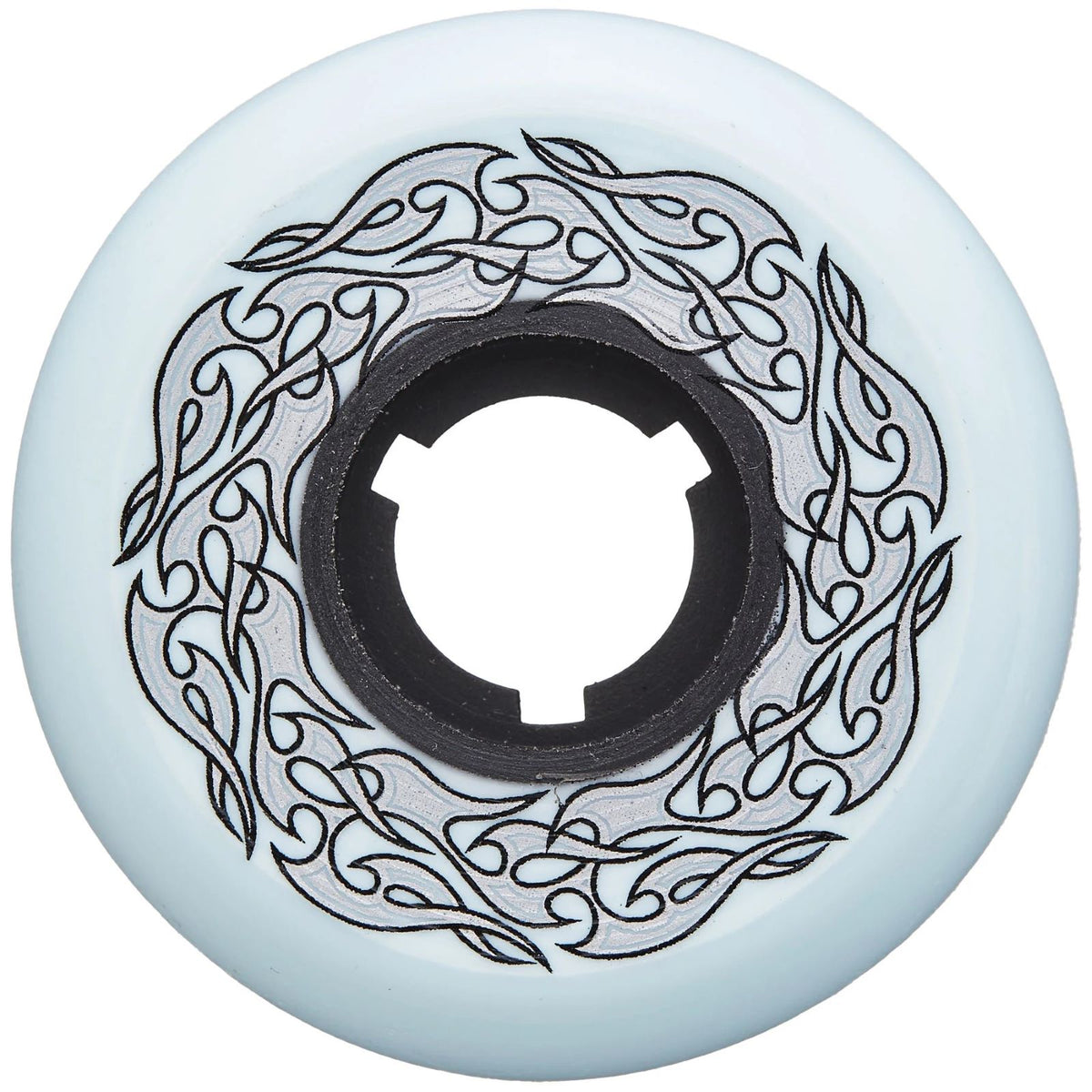 Powder Blue urethane aggressive skate wheel made by Dead Wheels with a black core and black/silver graphic in a "flame" or "tribal" effect