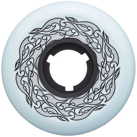 Powder Blue urethane aggressive skate wheel made by Dead Wheels with a black core and black/silver graphic in a "flame" or "tribal" effect