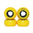 4 yellow skate wheels with a black core stacked on top of each other on a white background.