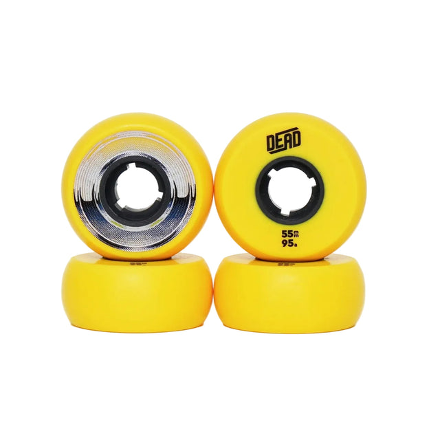 Four yellow skateboard wheels with black centers on a white background