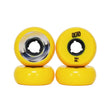 Four bright yellow skate wheels with black cores, arranged in two pairs on a clean white background. One wheel shows the brand name 'DEAD' and size markings '58mm 88a'.