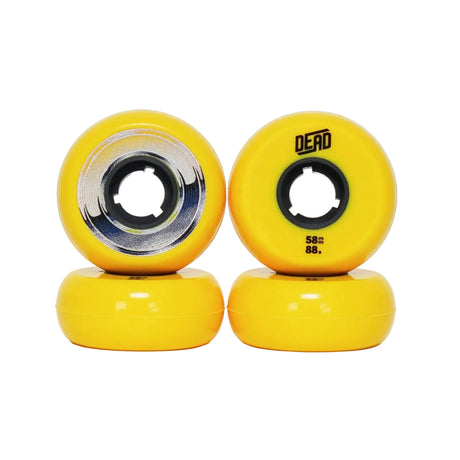 Four bright yellow skate wheels with black cores, arranged in two pairs on a clean white background. One wheel shows the brand name 'DEAD' and size markings '58mm 88a'.