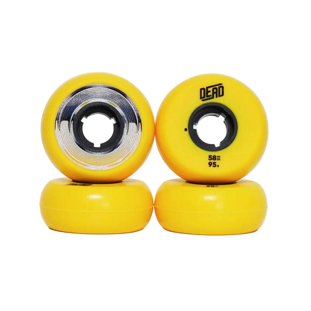 Four yellow skate wheels with black cores, a silver and blue graphic on on, black text that reads "DEAD 58 95" on the other and they are stacked on the other two. The wheels are featured against a white background.