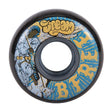 A single black urethane skate wheel with a white, yellow and blue graphic of an winged angel holding a pole down on a horned face with the text "DREAM BFREE" AND "60 92". The wheel is featured on a white background.