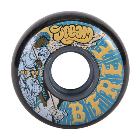 A single black urethane skate wheel with a white, yellow and blue graphic of an winged angel holding a pole down on a horned face with the text "DREAM BFREE" AND "60 92". The wheel is featured on a white background.
