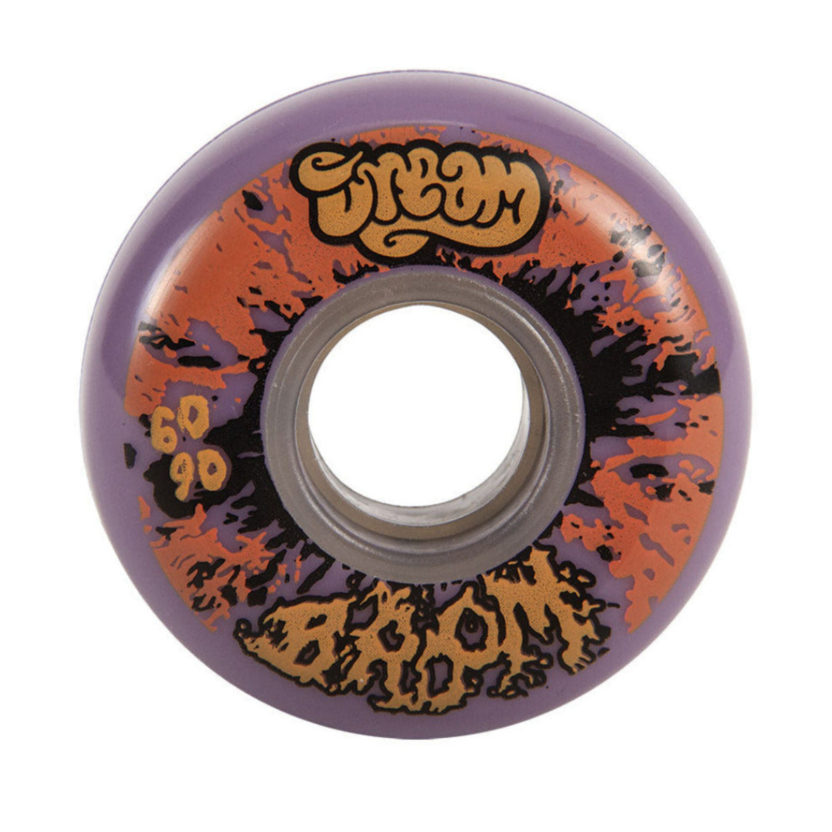 A single purple urethane skate wheel with orange, black and gold graphic with text that reads "DREAM" "BROOM" "60 90". The wheel is featured on a white background.