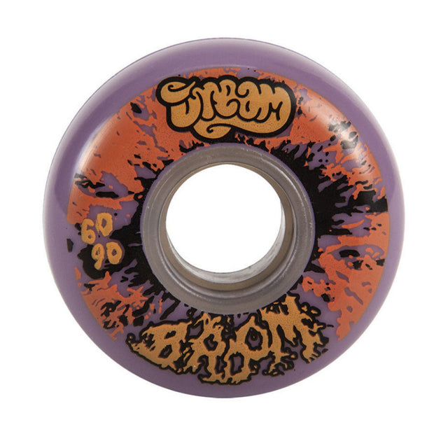 A single purple urethane skate wheel with orange, black and gold graphic with text that reads "DREAM" "BROOM" "60 90". The wheel is featured on a white background.