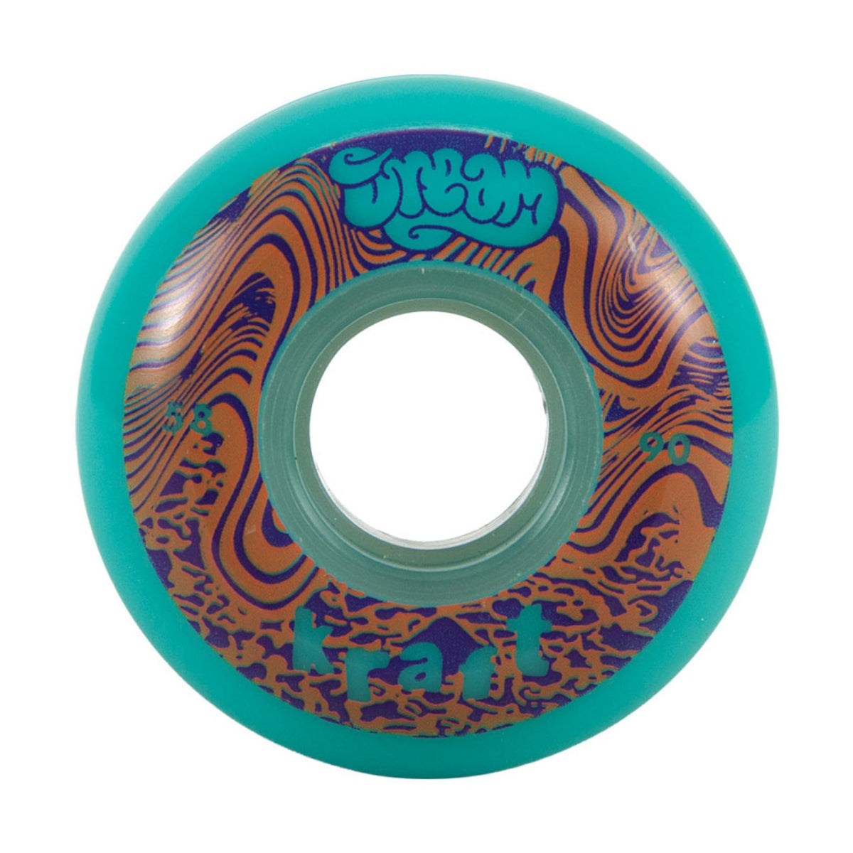 A green urethane skate wheel with an orange and purple graphic and text that reads "DREAM" and "KRAFT". The wheel is featured on a white background.