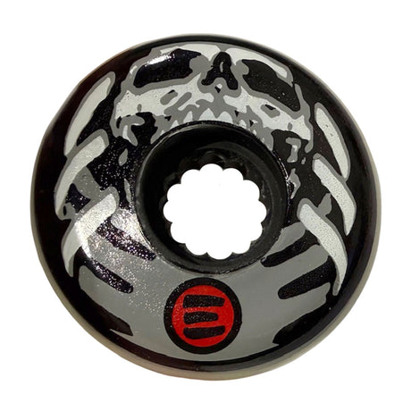 Close up shot of a single aggressive inline skate wheel. The graphic printed on the face of the wheel is of an enlarged skull and rib cage in gray and back. the logo for the company - eulogy wheels - is printed in red. The wheel is featured on a white background.