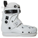 White rollerblade boot with black accents on a white background