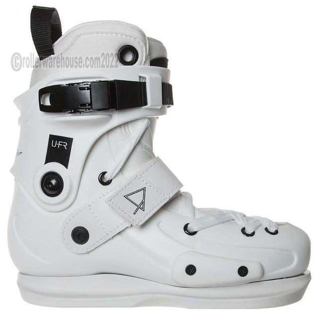 White rollerblade boot with black accents on a white background
