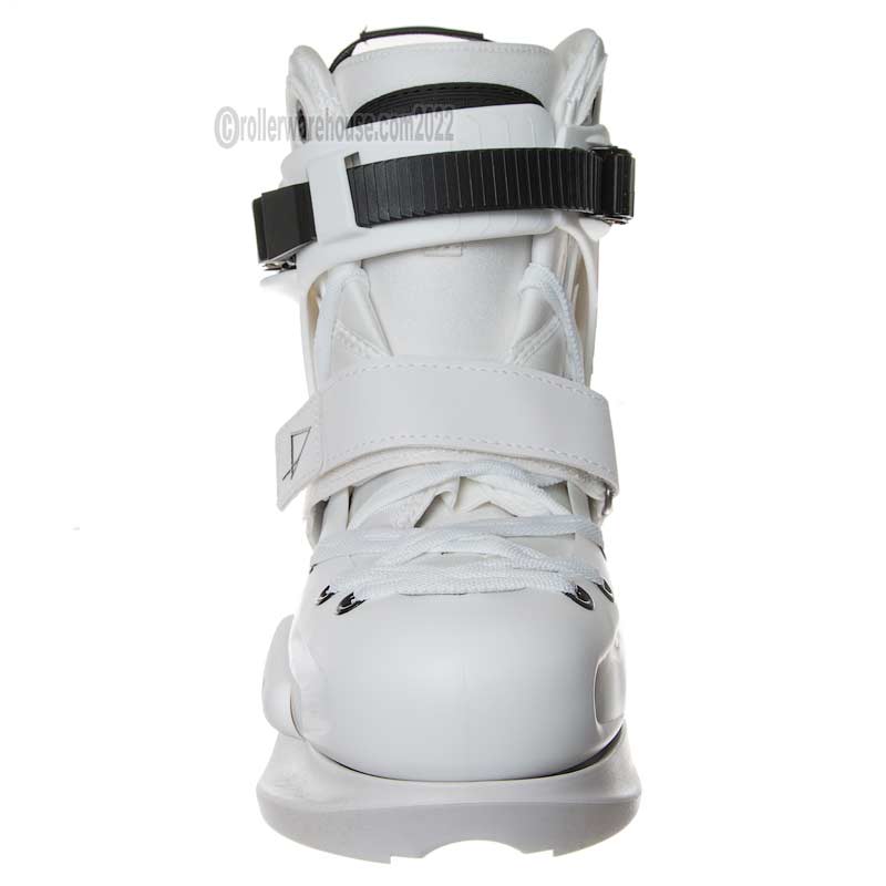 White boot with black straps on a white background