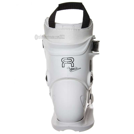 White motocross boot with black strap on a white background