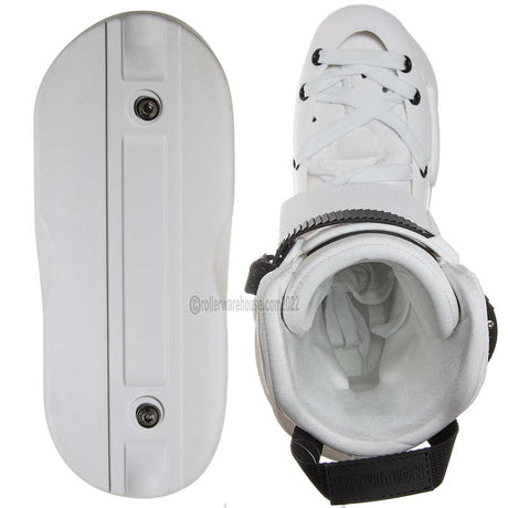 White rollerblade boot with protective side guard on a white background