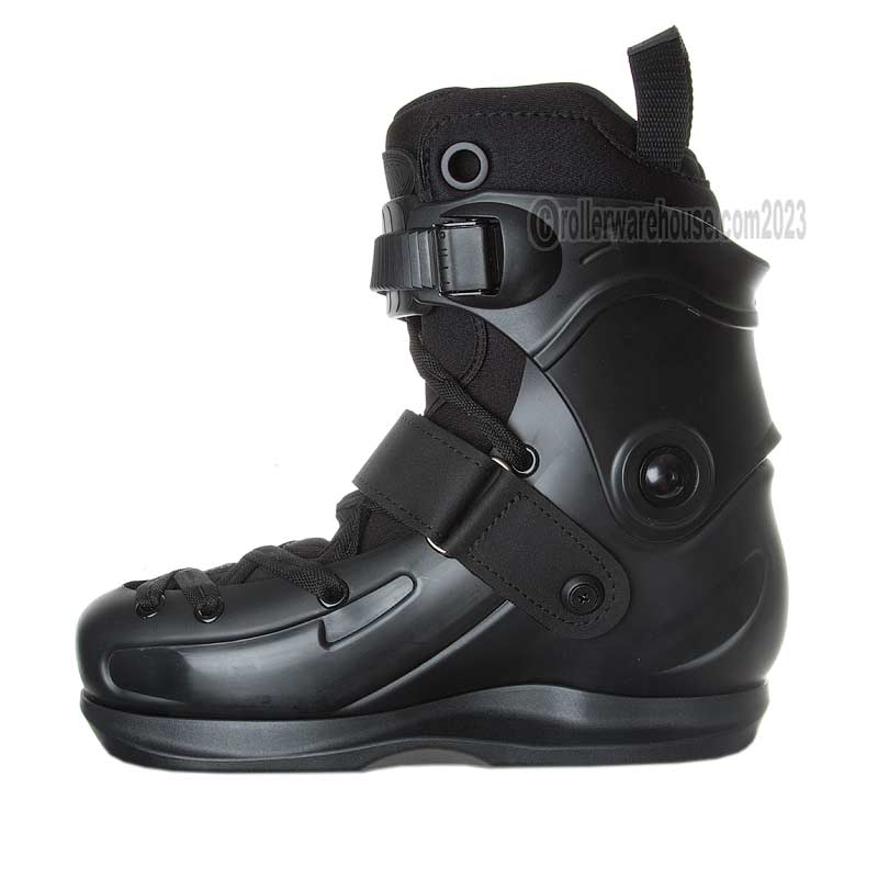 Black inline skate boot on a white background