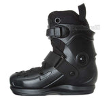 Black inline skate boot on a white background