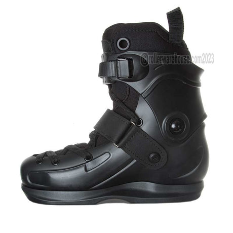 Black inline skate boot on a white background