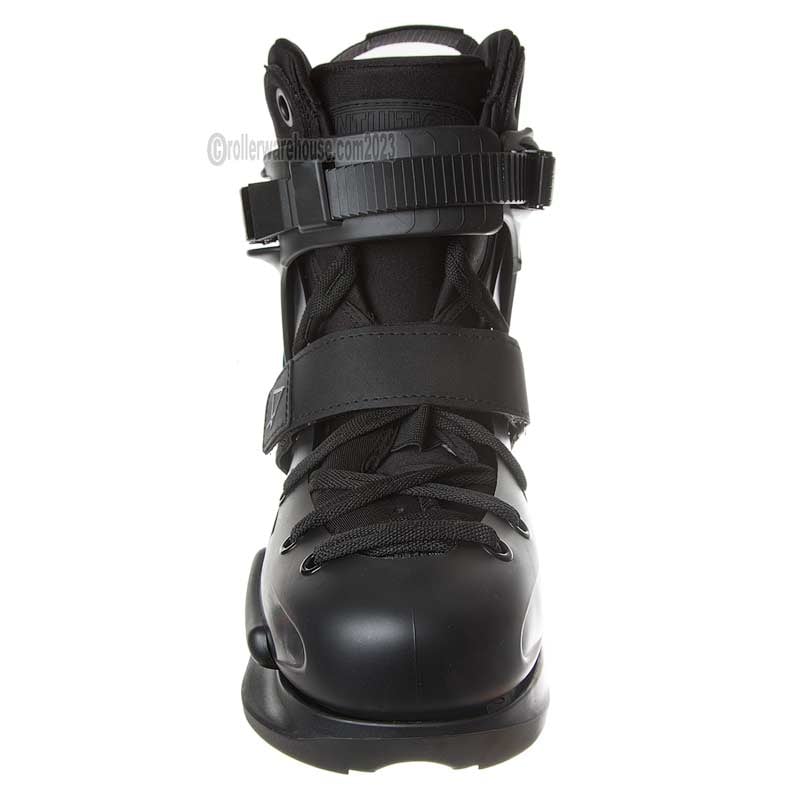 Black inline skate boot with straps on a white background
