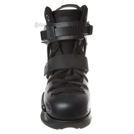 Black inline skate boot with straps on a white background
