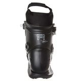 Black ski boot with a visible brand logo on a white background