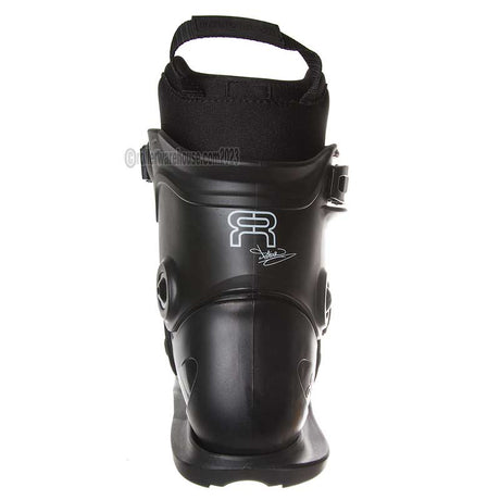 Black ski boot with a visible brand logo on a white background