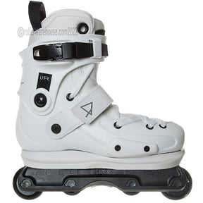 White inline skate with black accents on a white background