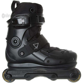 Black inline skate on a white background