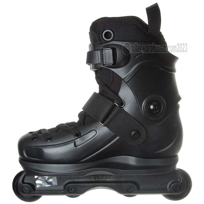 Black inline skate on a white background