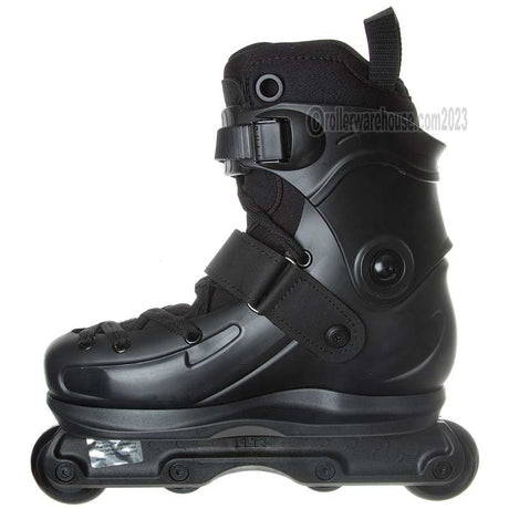 Black inline skate on a white background