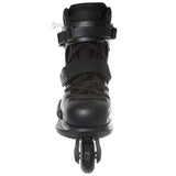Black inline skate on a white background
