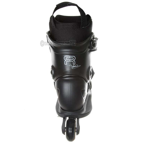 Black inline skate boot on a white background