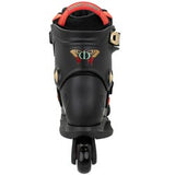 A single black inline skate boot with red and gold accents, shown from the front against a plain white background.
