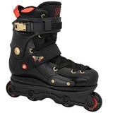 A black inline skate boot with gold hardware, red accents, and white wheels, shown against a plain white background.