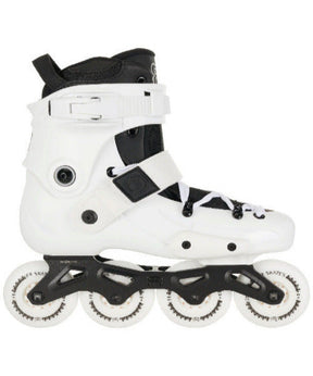 A white and black inline skate boot with four white wheels and a black frame, shown against a plain white background.