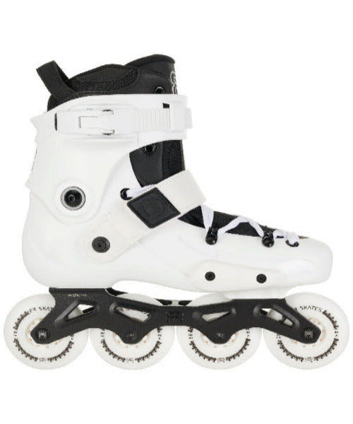 A white and black inline skate boot with four white wheels and a black frame, shown against a plain white background.