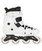 A white and black inline skate boot with four white wheels and a black frame, shown against a plain white background.