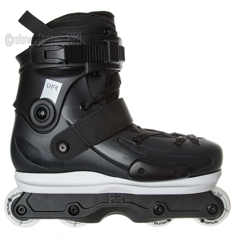Black inline skate boot with visible brand logo on a white background
